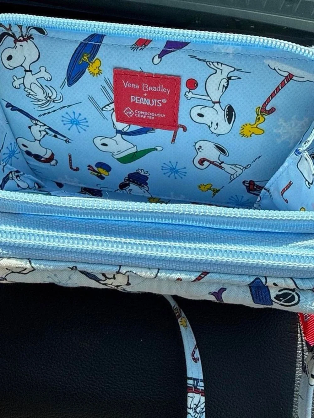 Vera Bradley Light Blue Snoopy & Woodstock Quilted Wristlet with Holiday Print